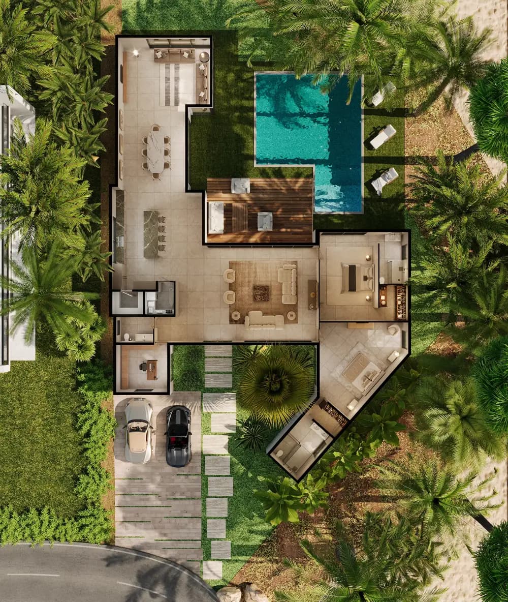 A 3D-rendered top-down view of the same villa plan, furnished, with pool and garden