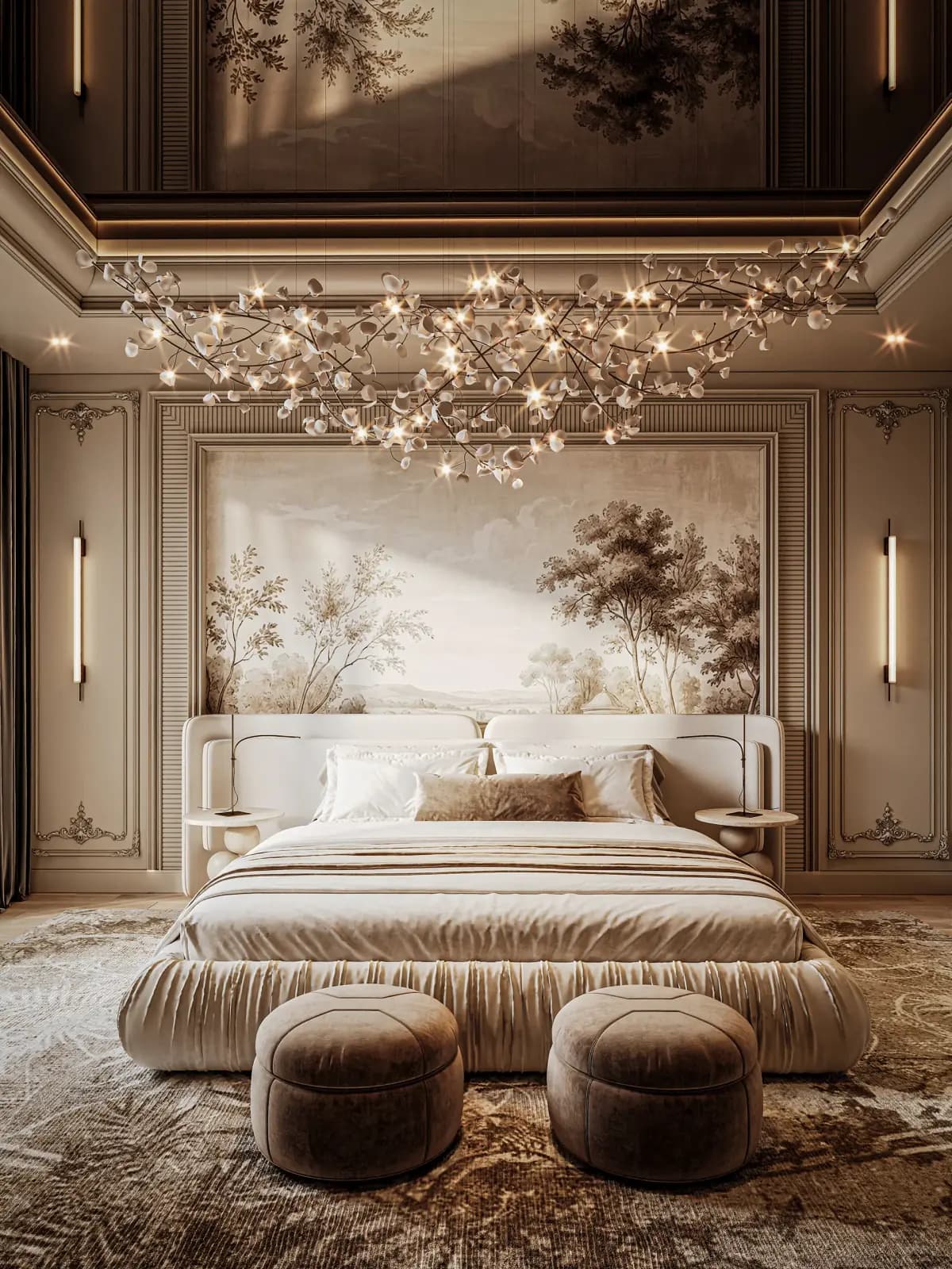 A cream upholstered bed under a branch chandelier, with a painted landscape mural and two velvet poufs