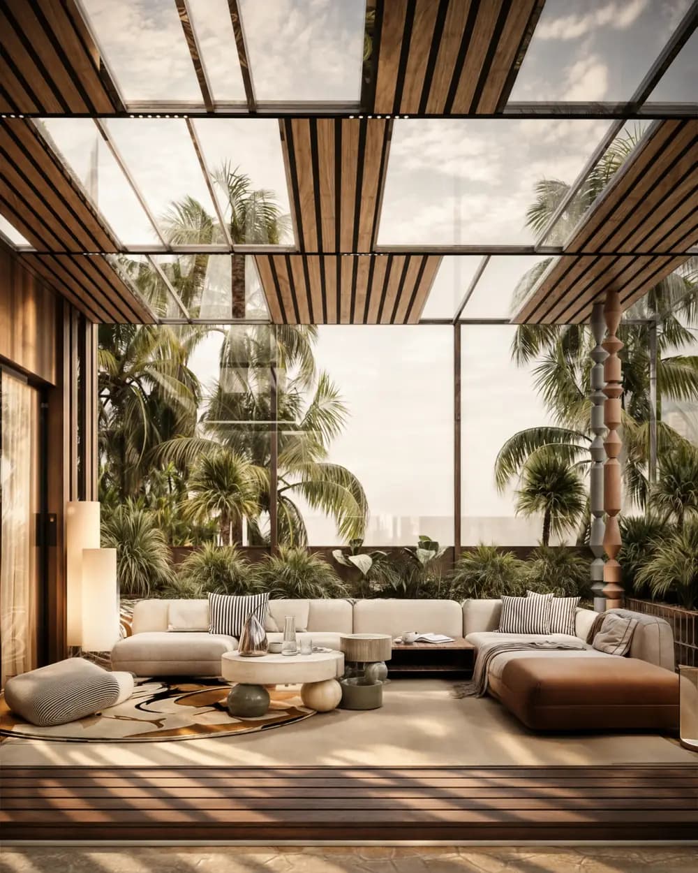 A covered terrace lounge with a cream sectional, round coffee tables and timber louvred roof