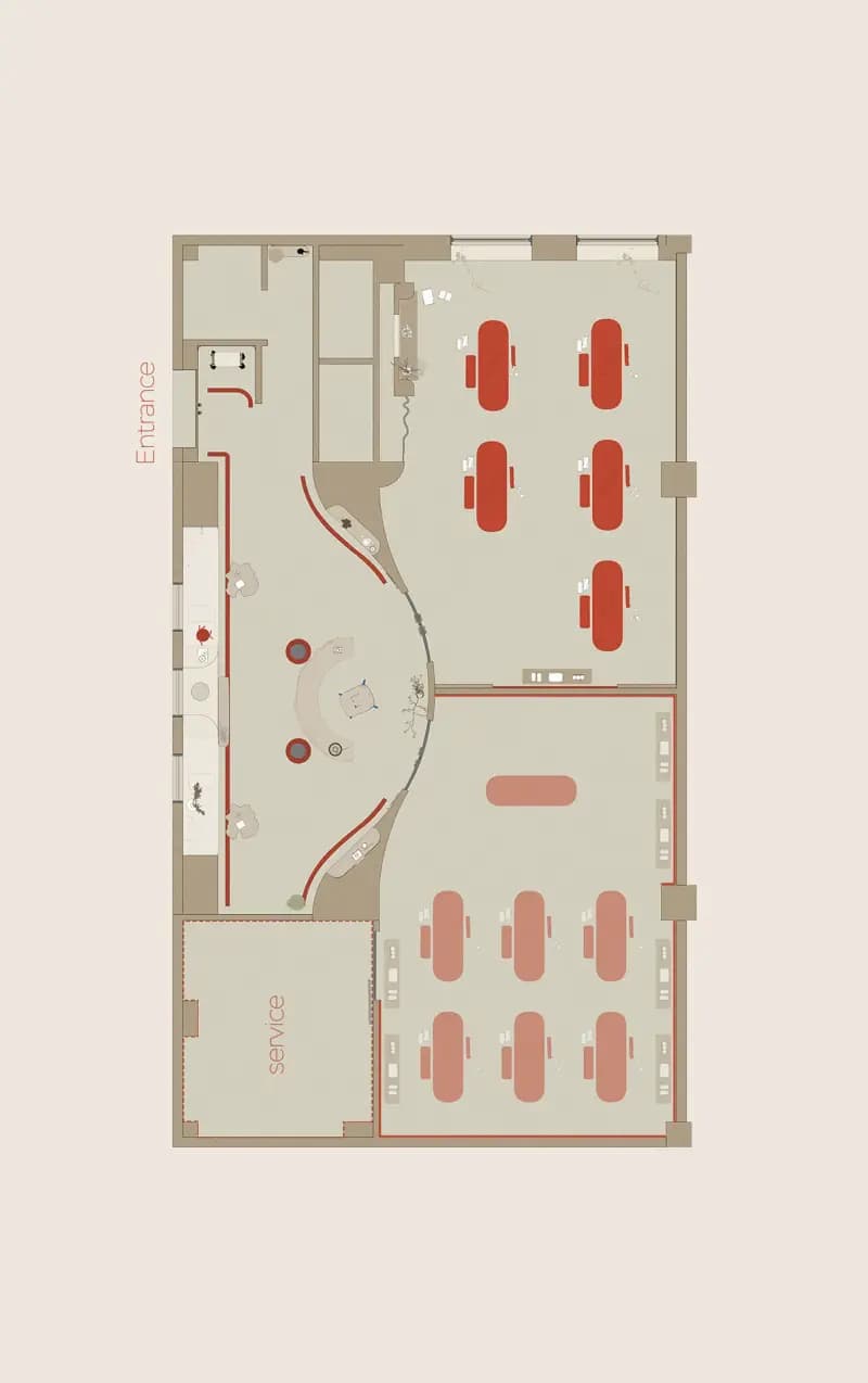 A colour floor plan of a restaurant with entrance, curved bar, dining tables and service area