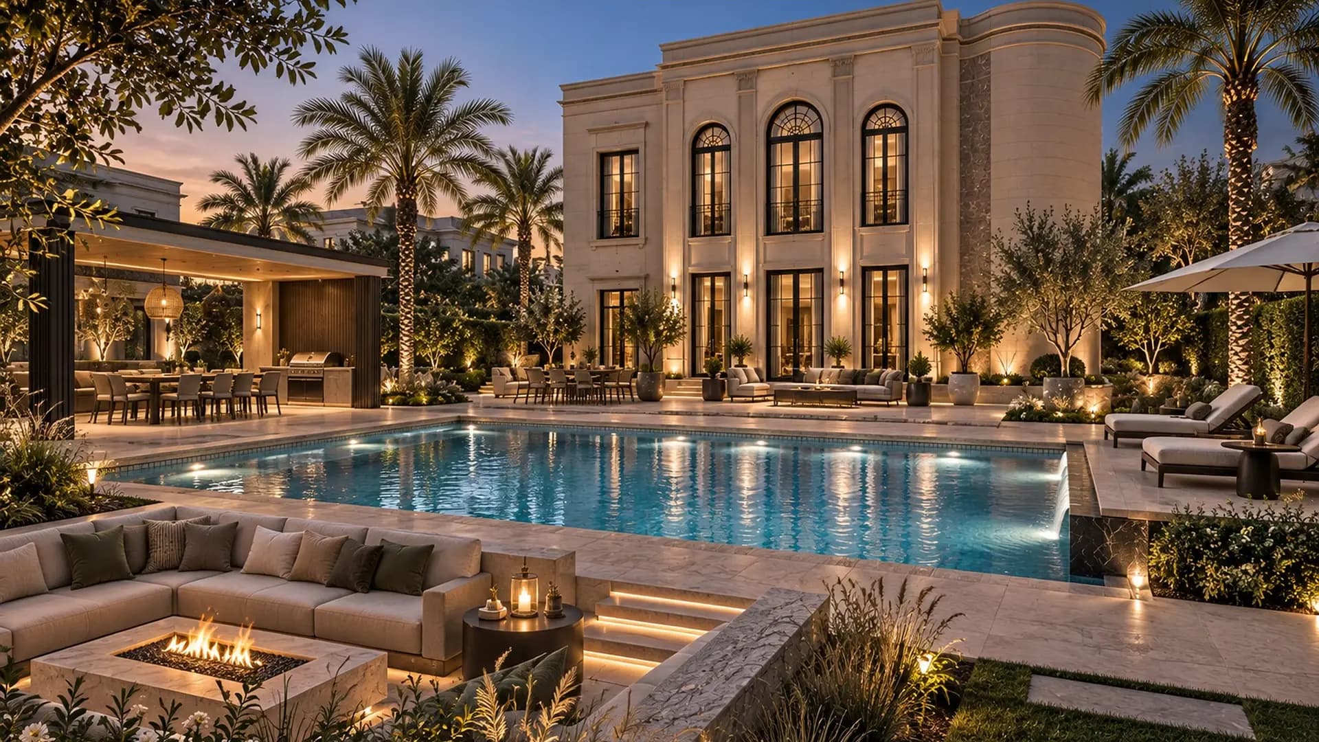 A luxury villa at dusk with a lit pool, outdoor lounge and fire pit