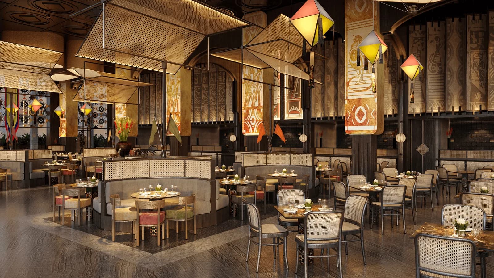 A restaurant interior with cane booths, marble tables and geometric pendant lights