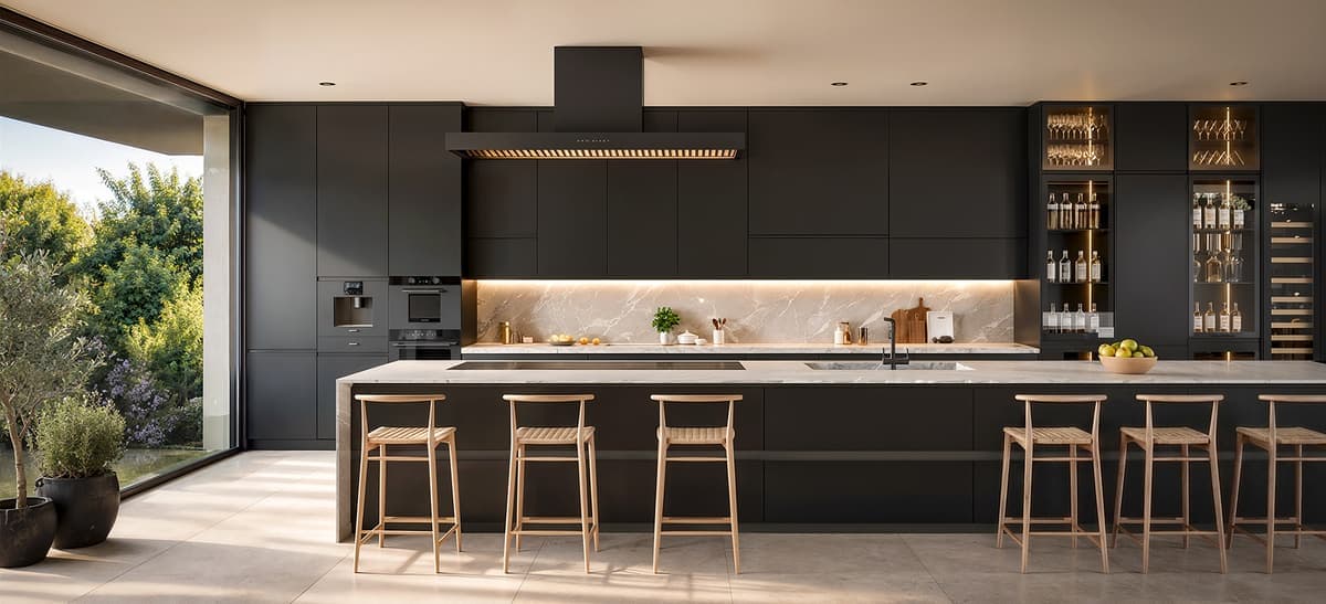 A charcoal kitchen with a long marble island, timber bar stools and a lit wine cabinet