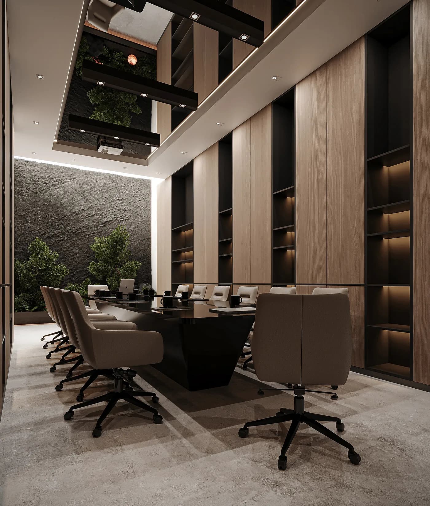 A boardroom with a long dark table, upholstered chairs and timber wall panelling