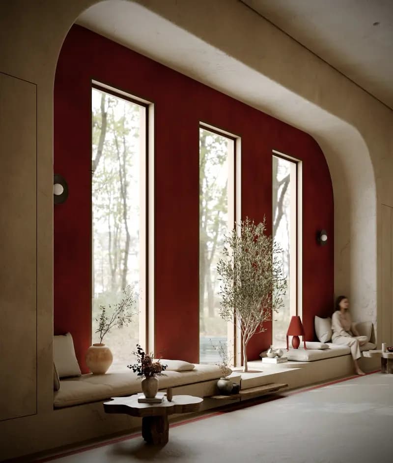 A long window-seat lounge under a deep red arched wall, with tall windows onto trees