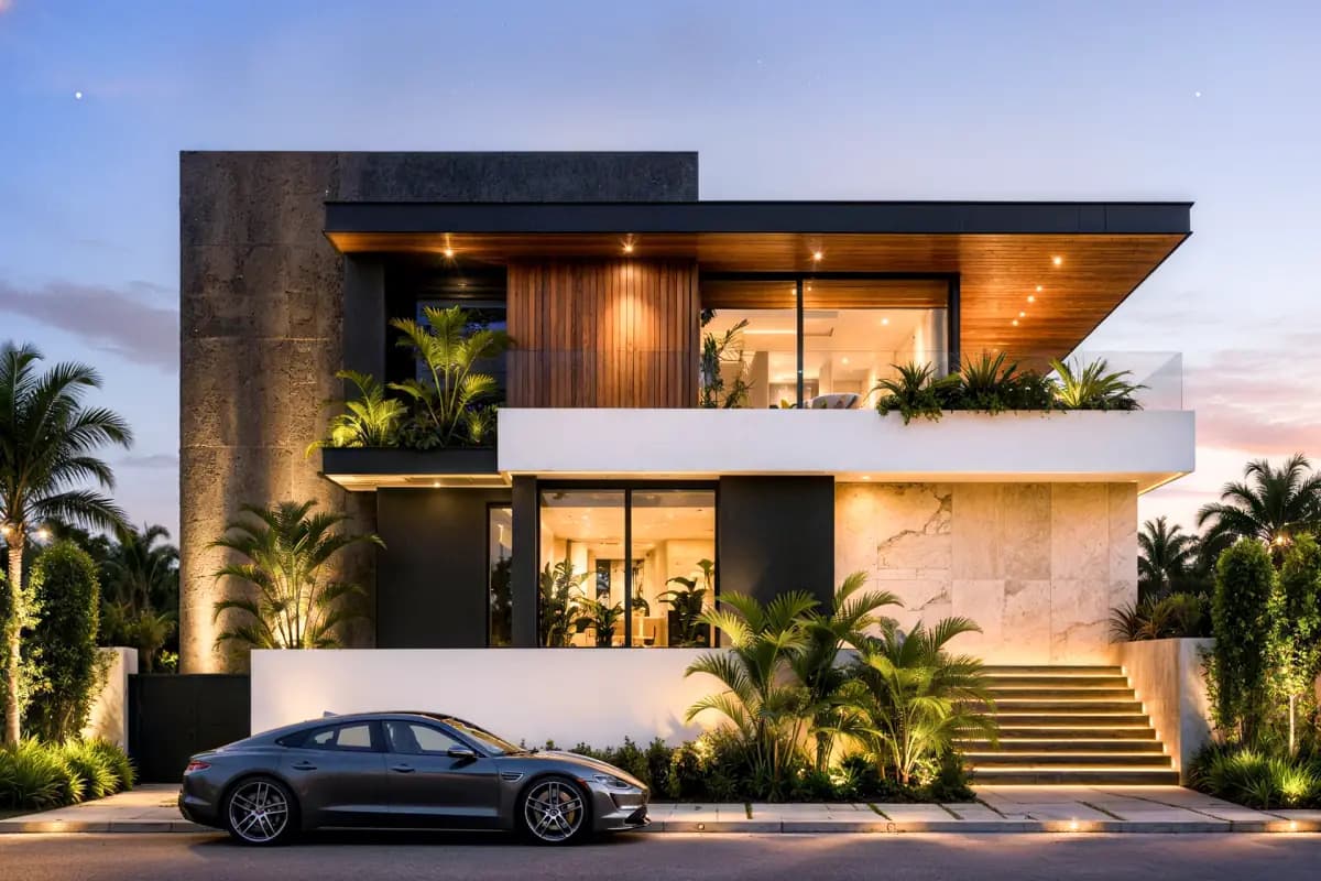 A modern two-storey home at dusk with stone cladding, timber soffits and lit interiors