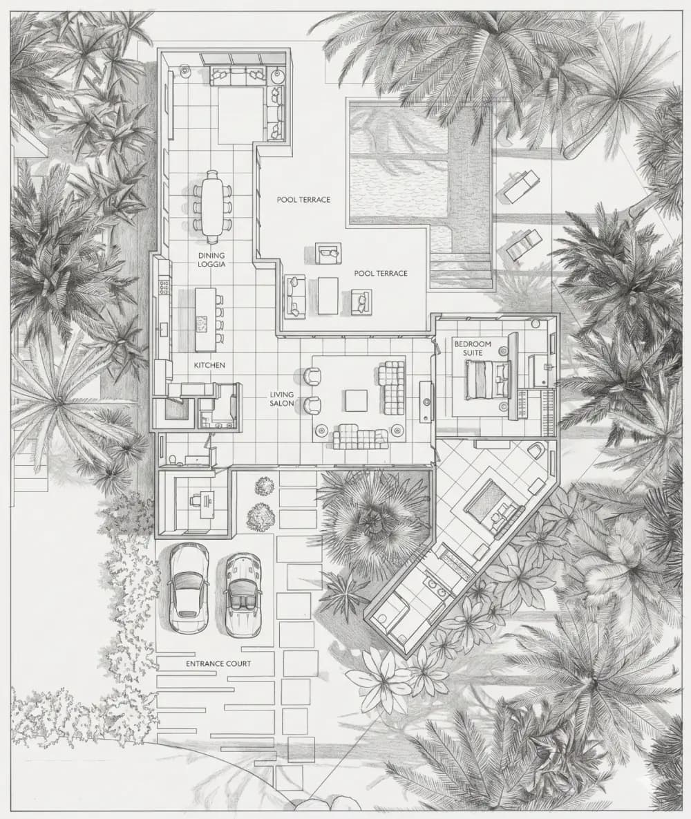 A hand-drawn floor plan of a villa with living salon, dining loggia, kitchen, bedroom suite and pool terrace