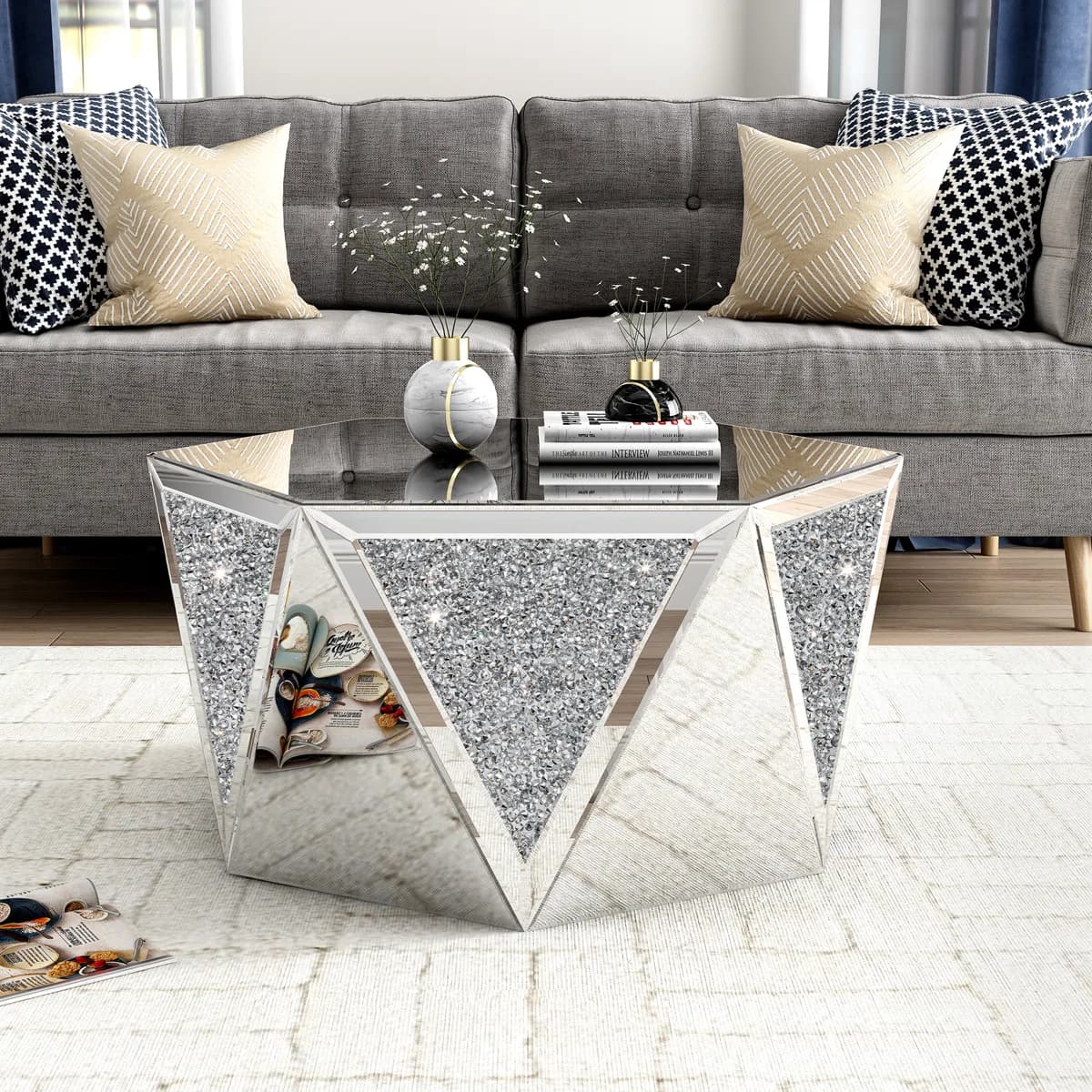 Amla Diamond Mirror Glass Center Table