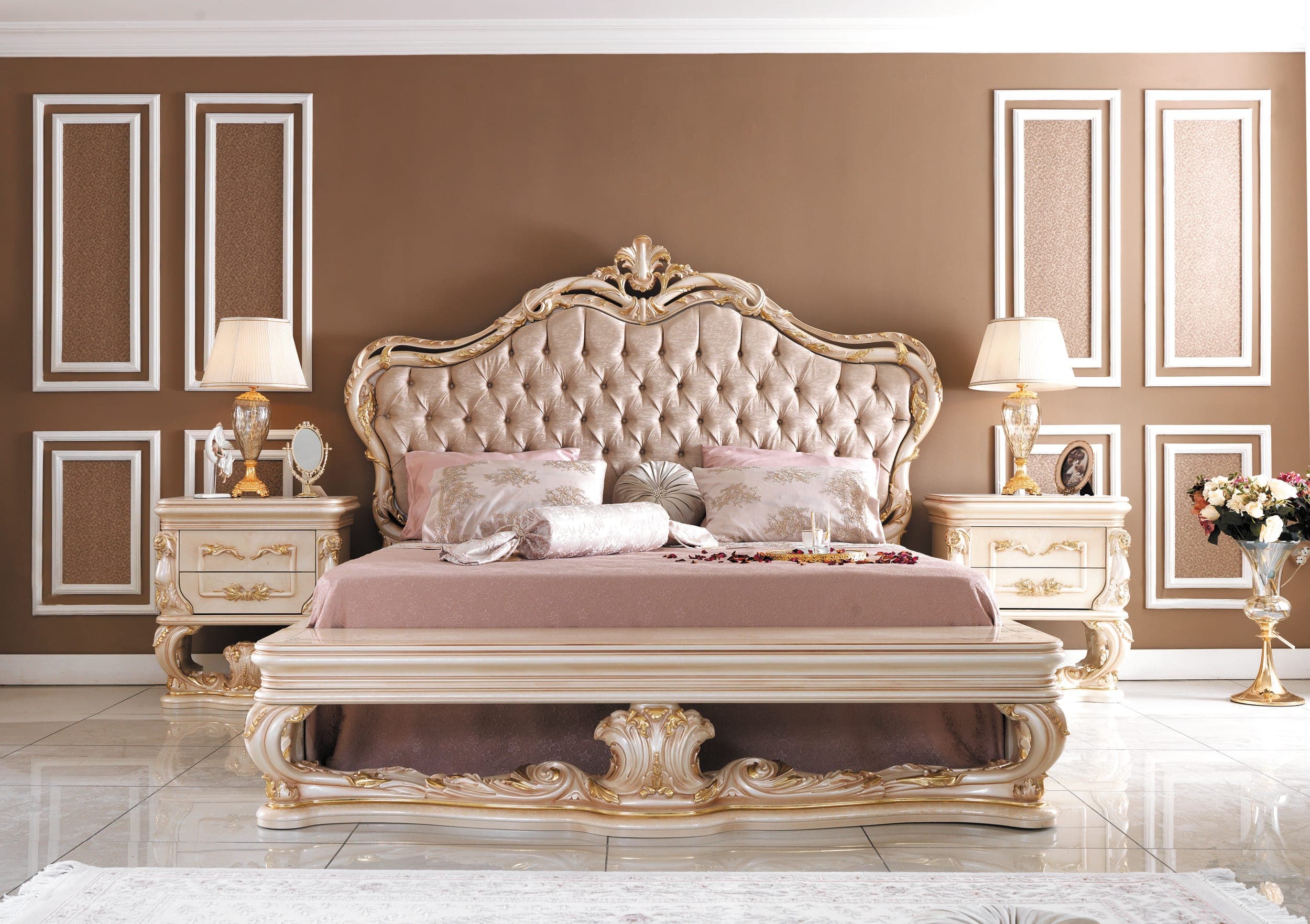 Royal Ivory Golden Tufted King Bed