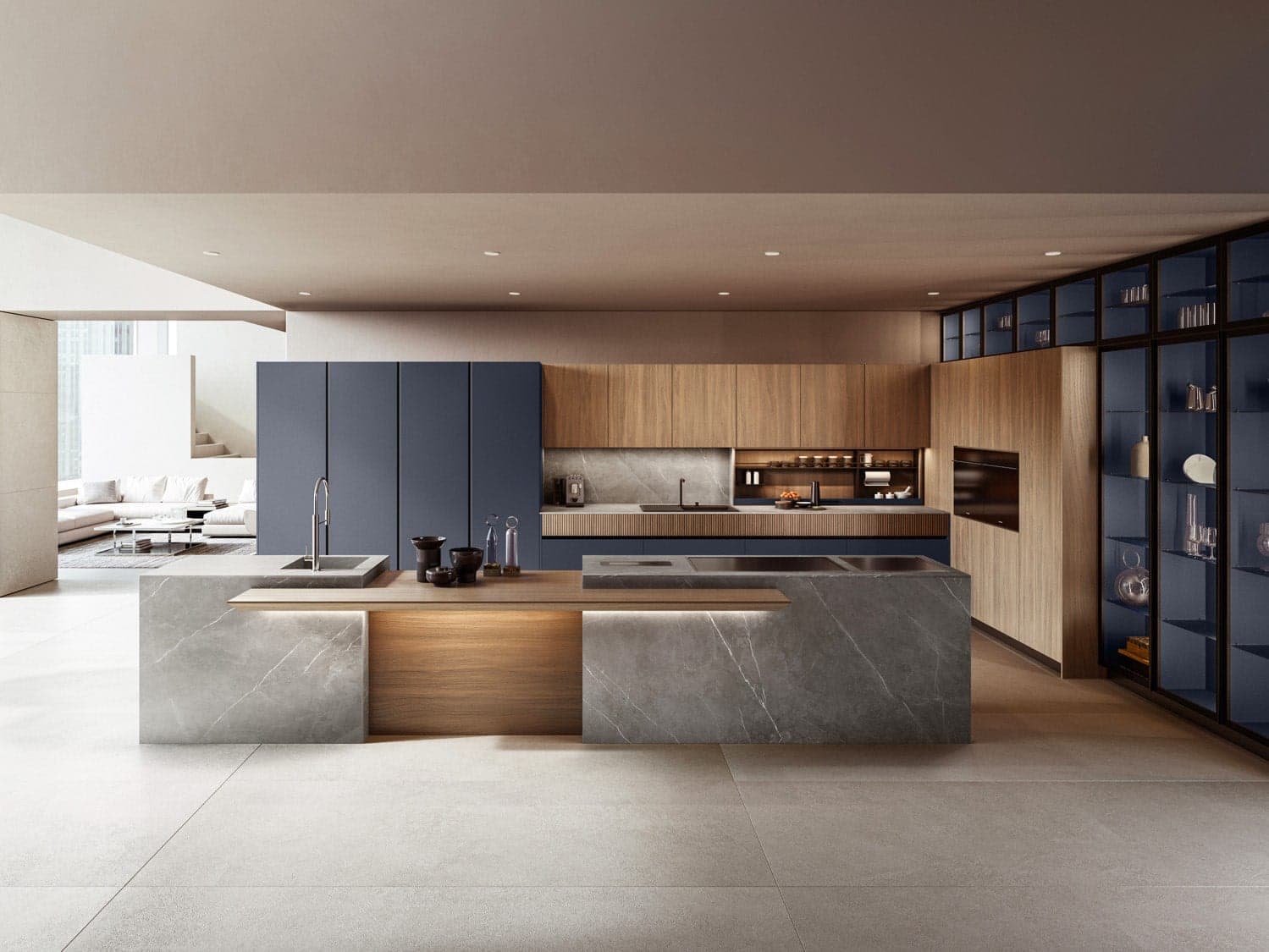 Skyline Azure & Oak Hub Luxury Contemporary Italian Modular Kitchen