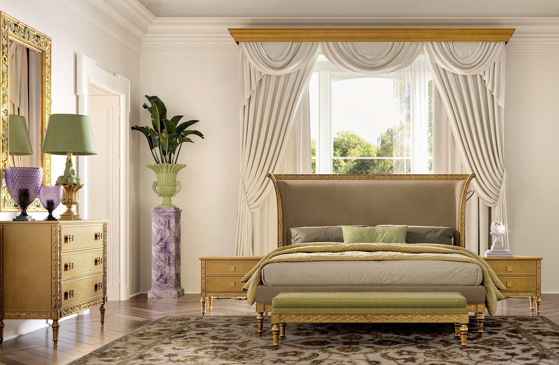 Okyanus Royal Carved Gold Tufted King Bed