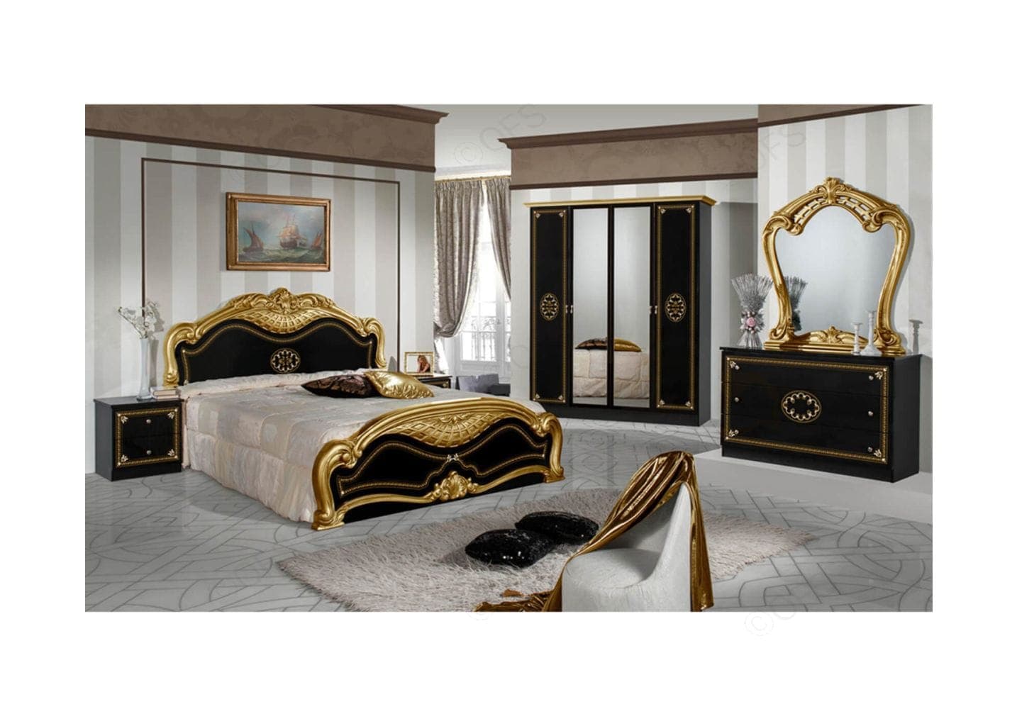 Lucy Classic Black & Gold Baroque King Bedroom Set