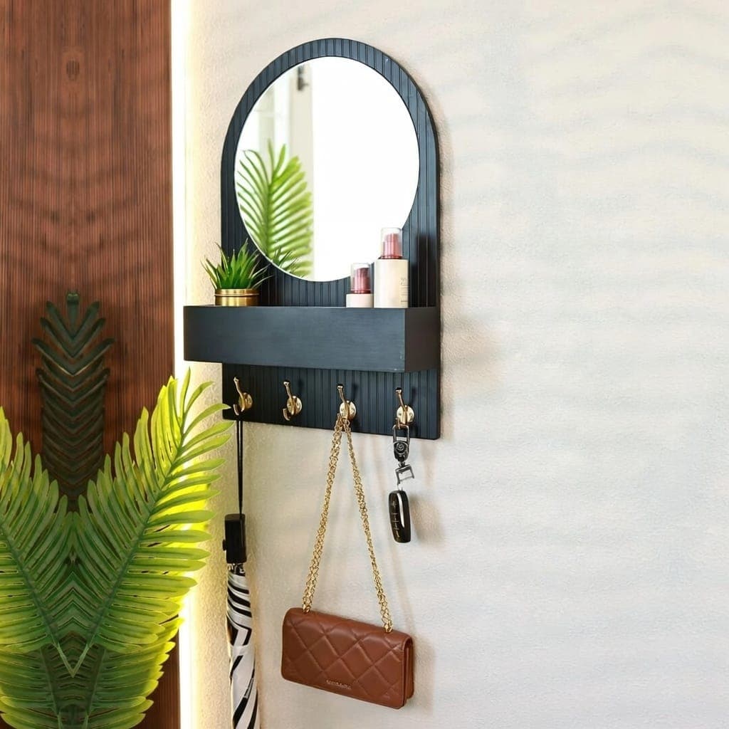 Arched Mirror Entryway Station + Wall Mounted Key Holder & Grooming Shelf