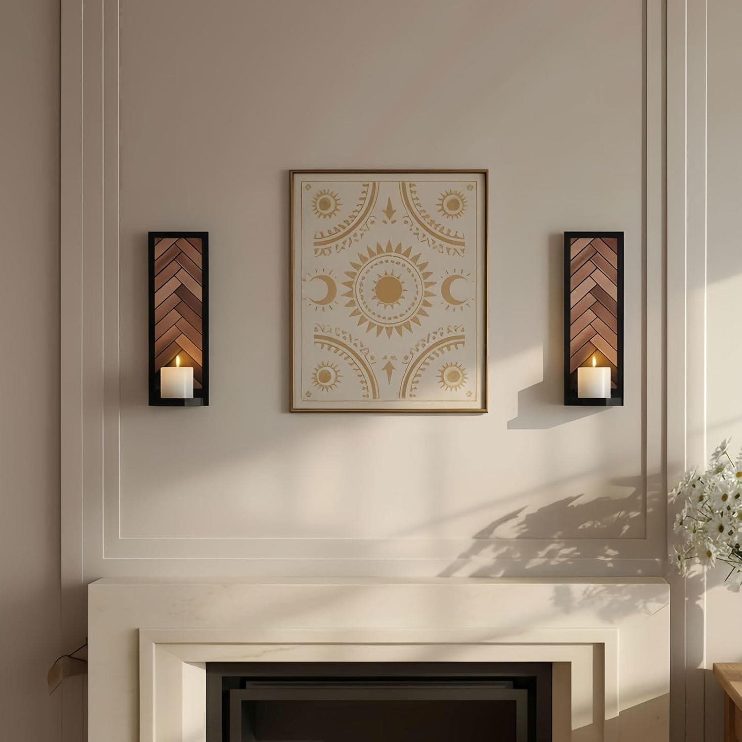 Herringbone Mosaic Sconce Set Boho Chic Candle Holder Wall Decor
