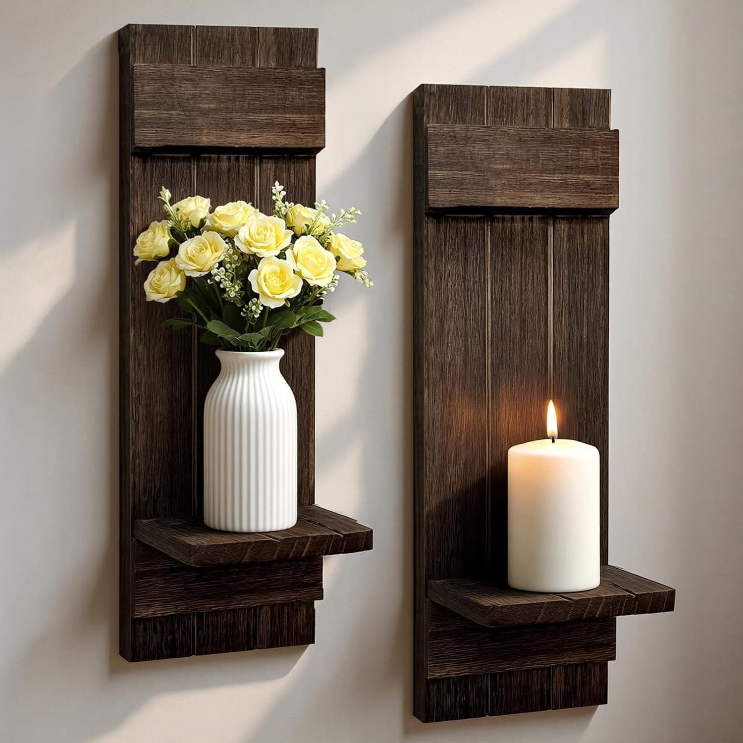 Rustic Shutter Sconce Set Farmhouse Candle Holder Wall Decor