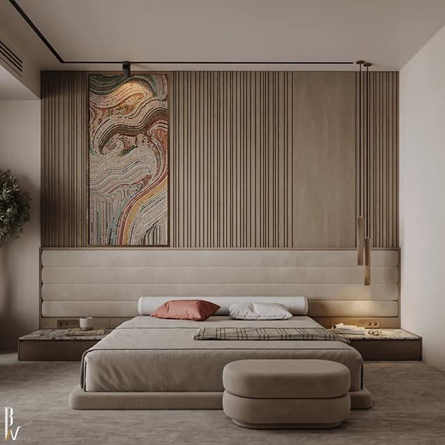 Chocolate Velvet Bed, Luxury Wrap-Around Headboard, Modern Brown Bedroom Suite, Designer Mood Lighting, High-End Upholstered Bed, Sienna Luxury Collection.