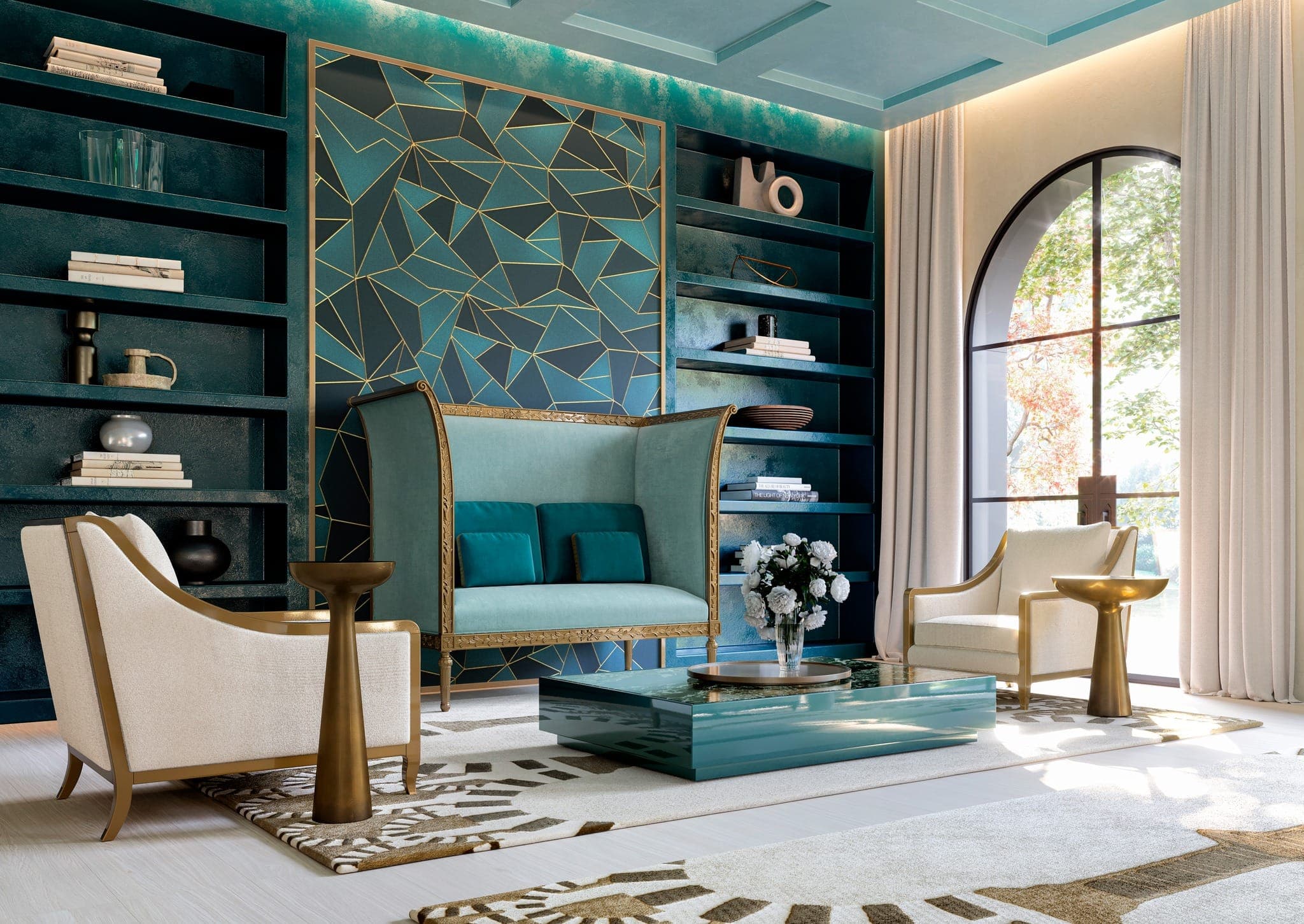 A teal and gold living room designed by AURA Interiors