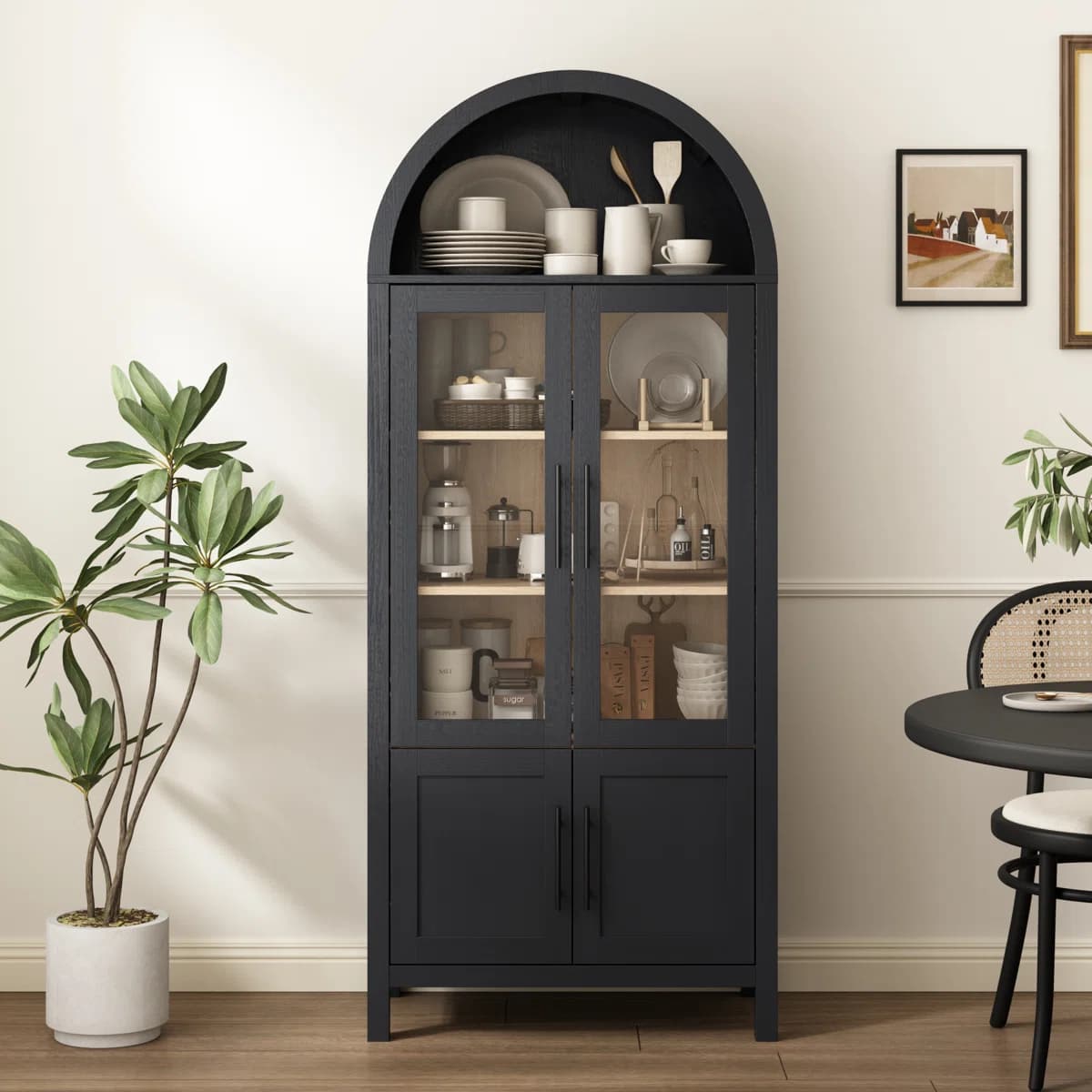 Arched China Cabinet, Black Display Cabinet, Modern Farmhouse Hutch, Kitchen Pantry Storage, Tall Glass Curio, Dining Room Sideboard.