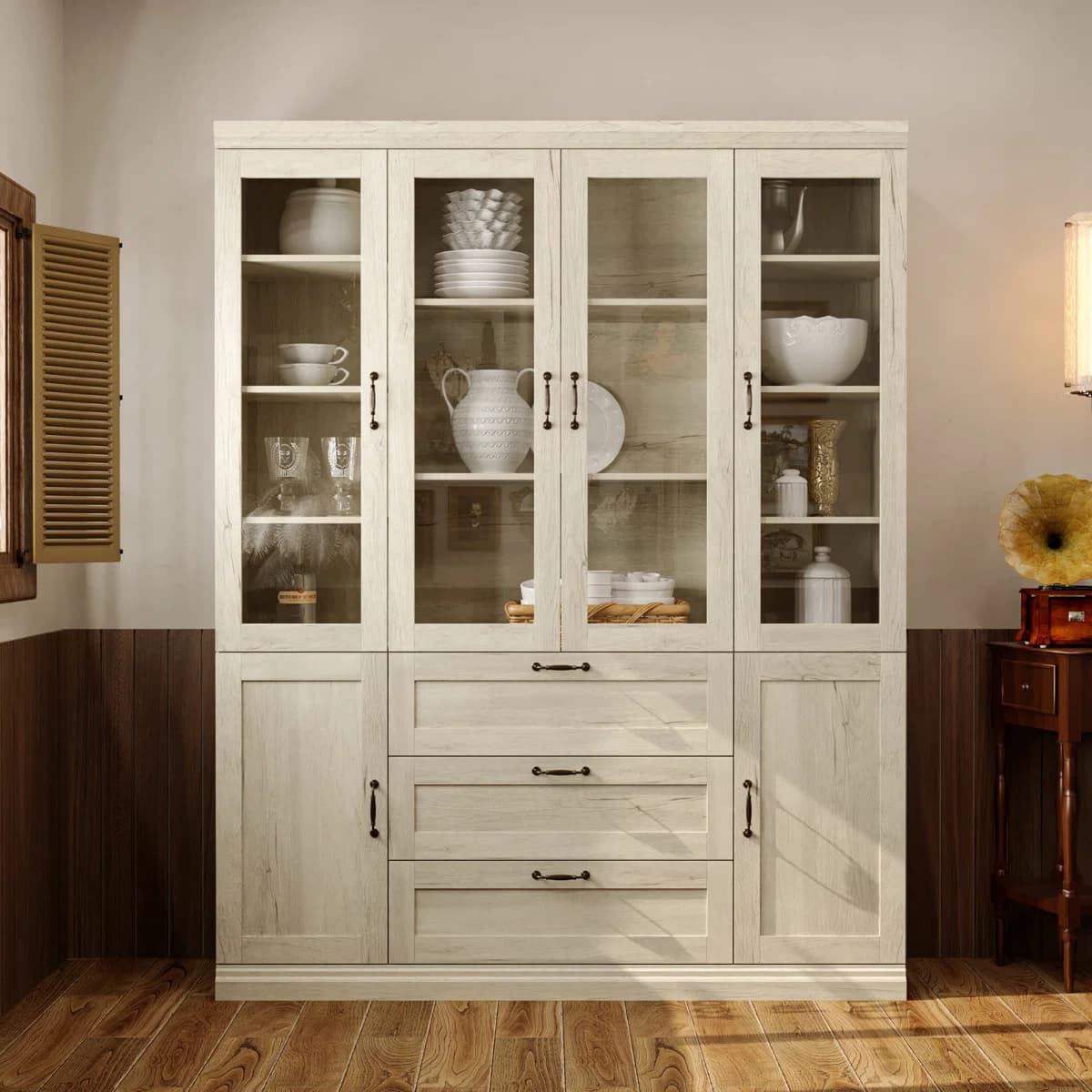 Everly Farmhouse Buffet Modern Kitchen Pantry Glass Display Cabinet