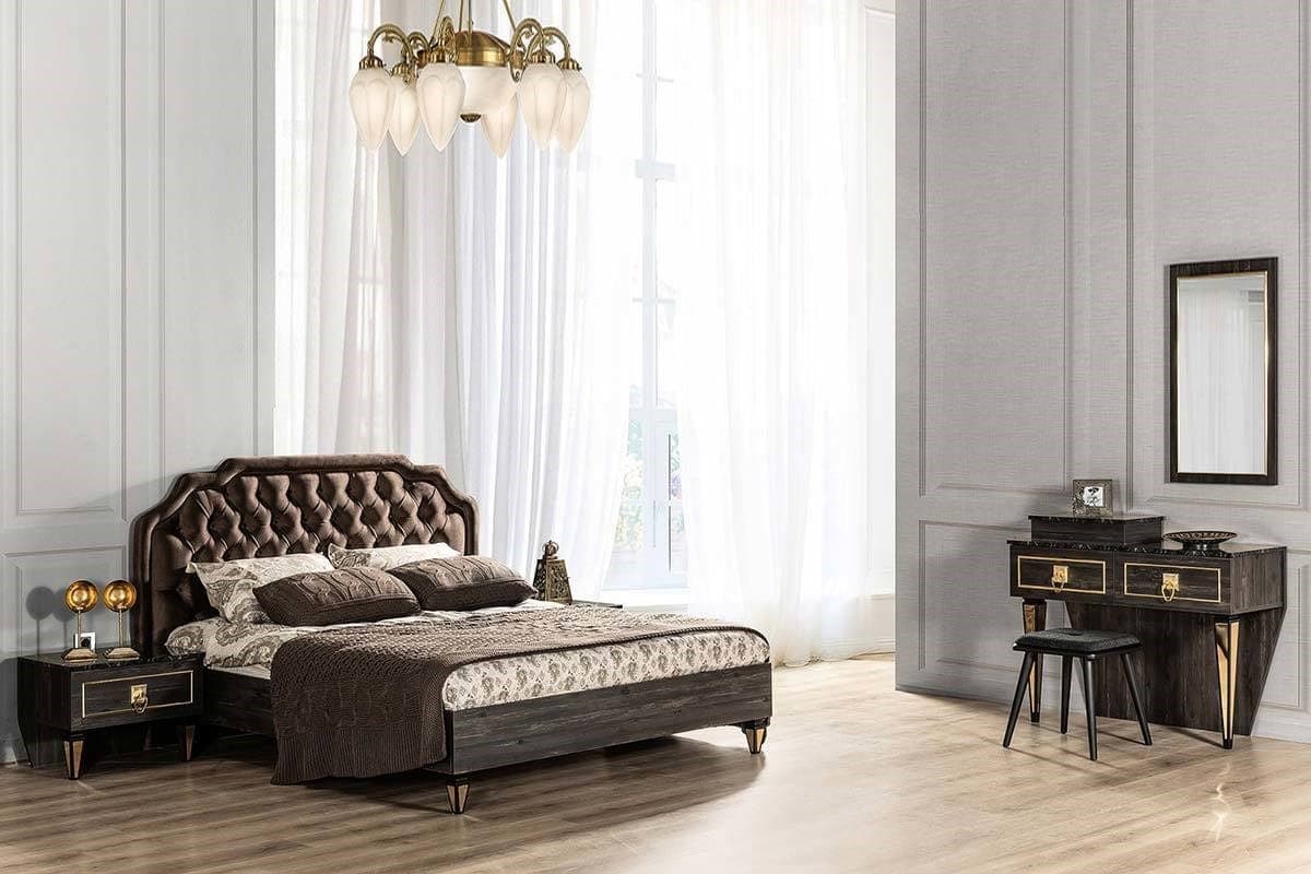 Aronya Transitional Tufted Dark Wood King Bed