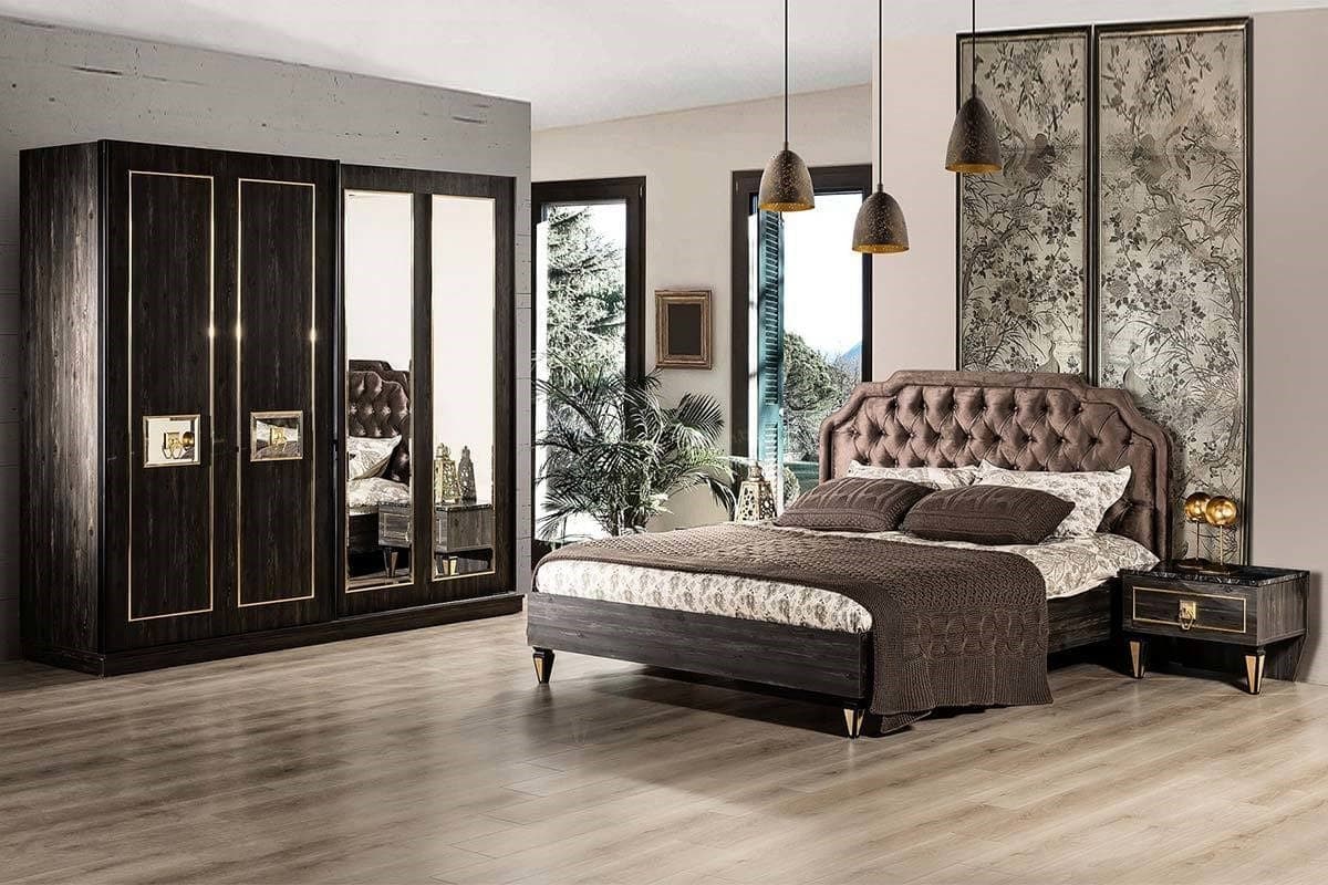 Aronya Transitional Tufted Dark Wood King Bed