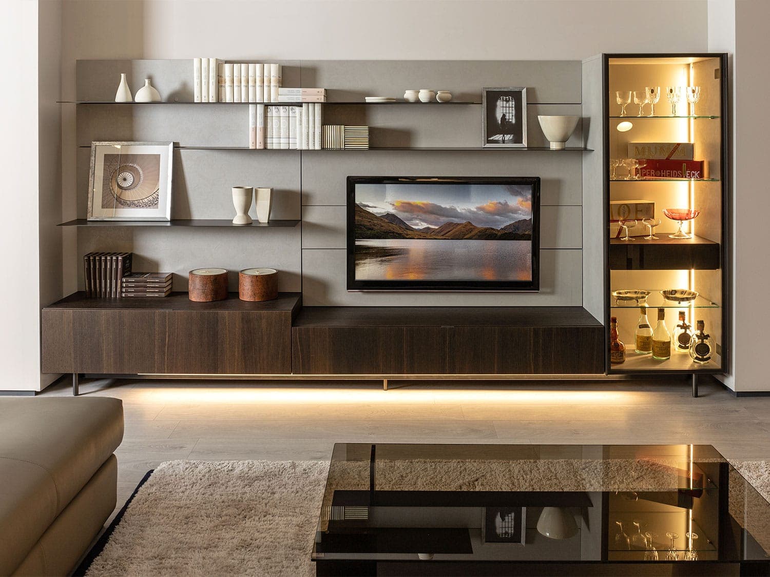 Fusion Modular Floating Dark Wood TV Wall Unit