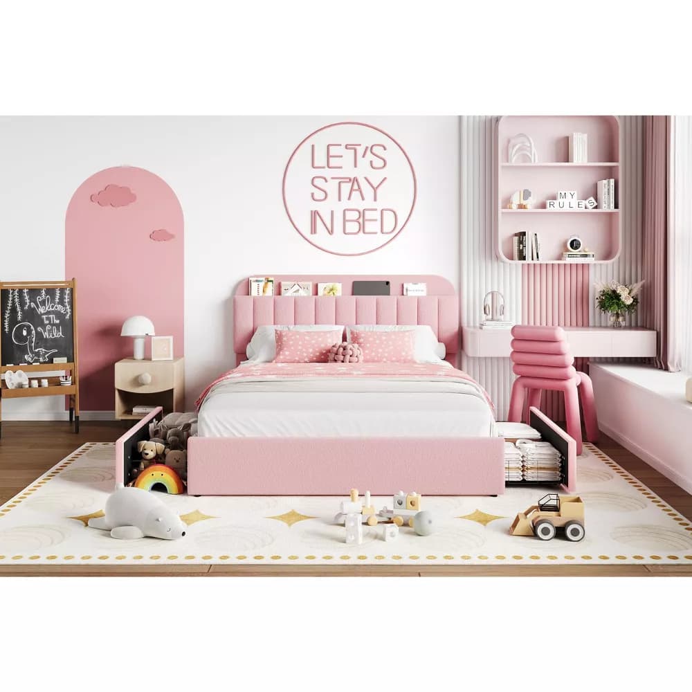 Starlight Serenity Pink Bouclé Upholstered Kids Bed