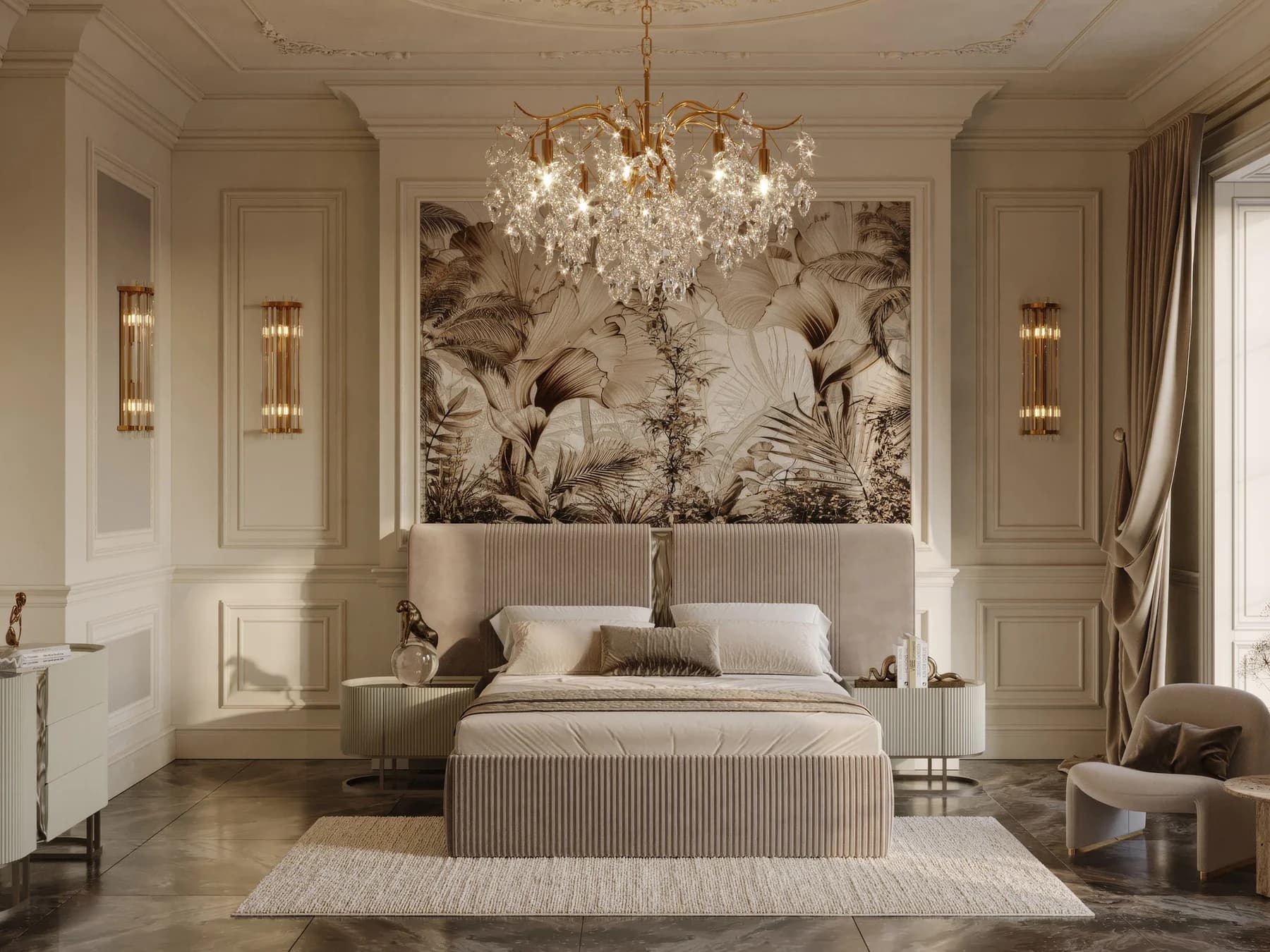 Isil Grand Fluted Velvet Beige King Bed