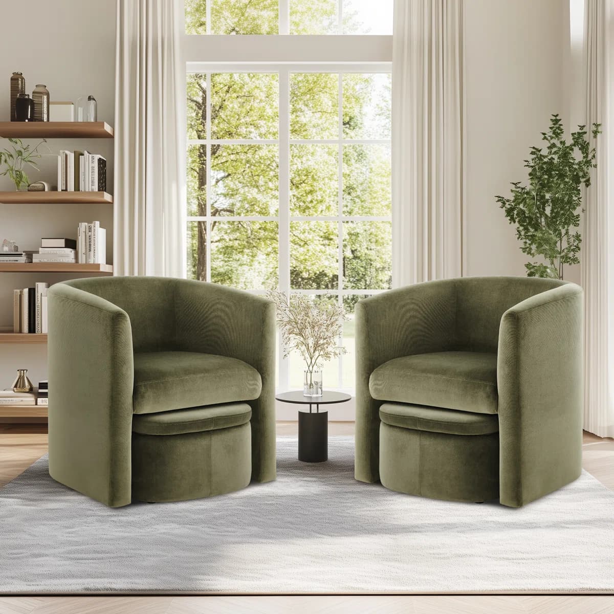 Kyah Velvet Barrel Chair with Nesting Ottoman