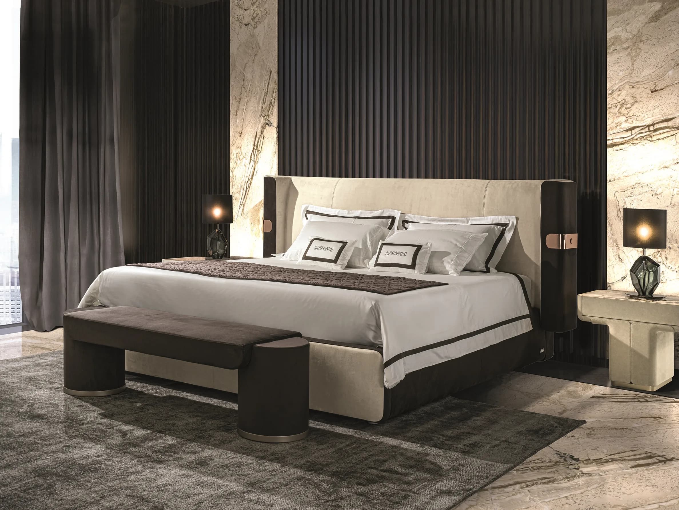 Longhi Bespoke Padded Cream Velvet King Bed