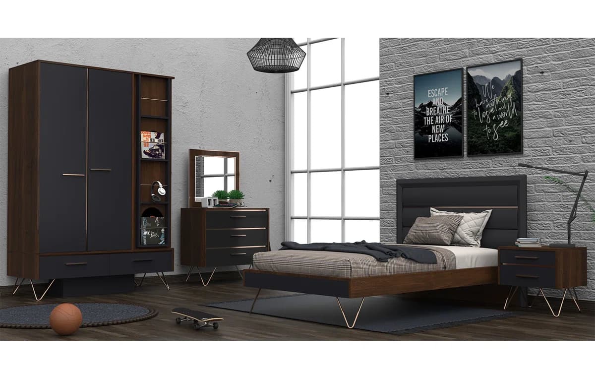 Modern Kids Bedroom Set, Mid-Century Twin XL Bed, Gold Leg Bedroom Furniture, Teen Bedroom Set with Wardrobe, Platform Bed with Dresser, Dark Wood Kids Furniture.