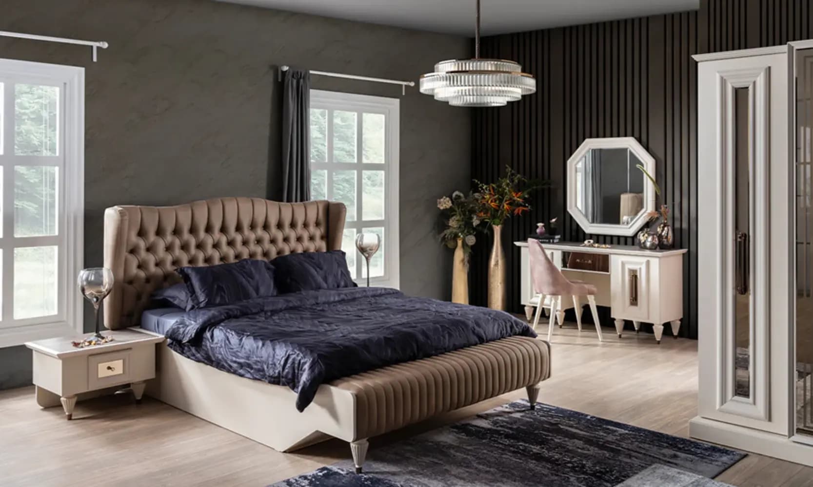 Nirvana Elegant Wingback Tufted Beige King Bed (2)