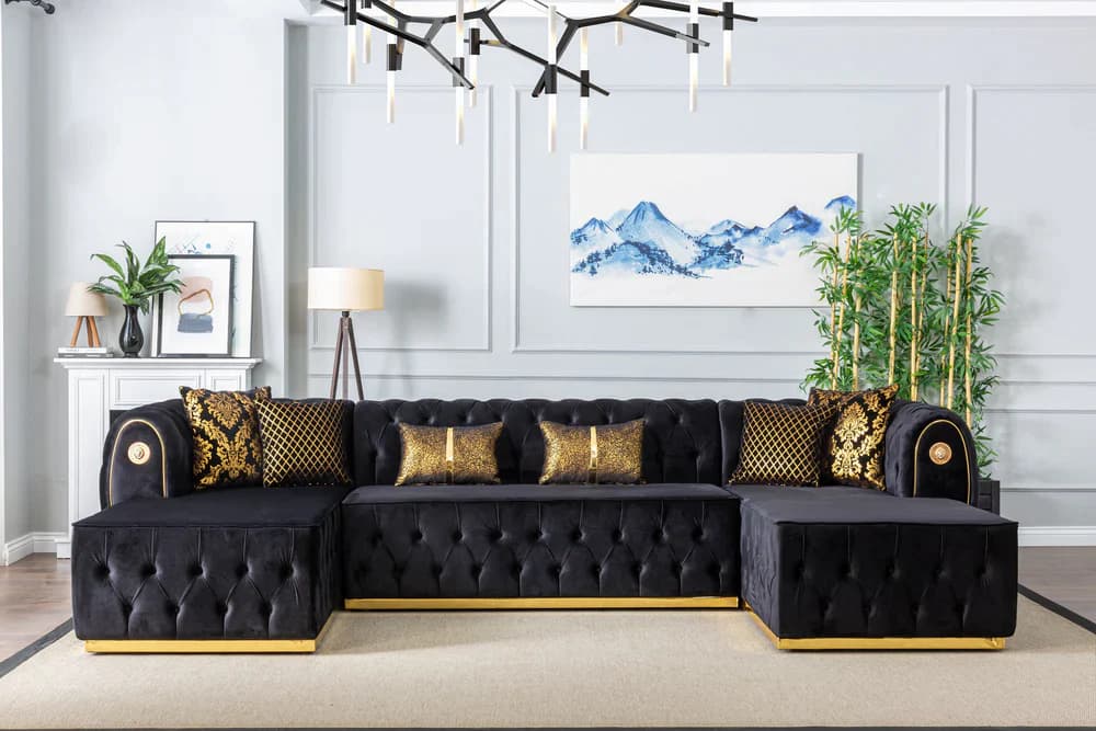 Ravenna Opulent Black Velvet Gold Base Sectional
