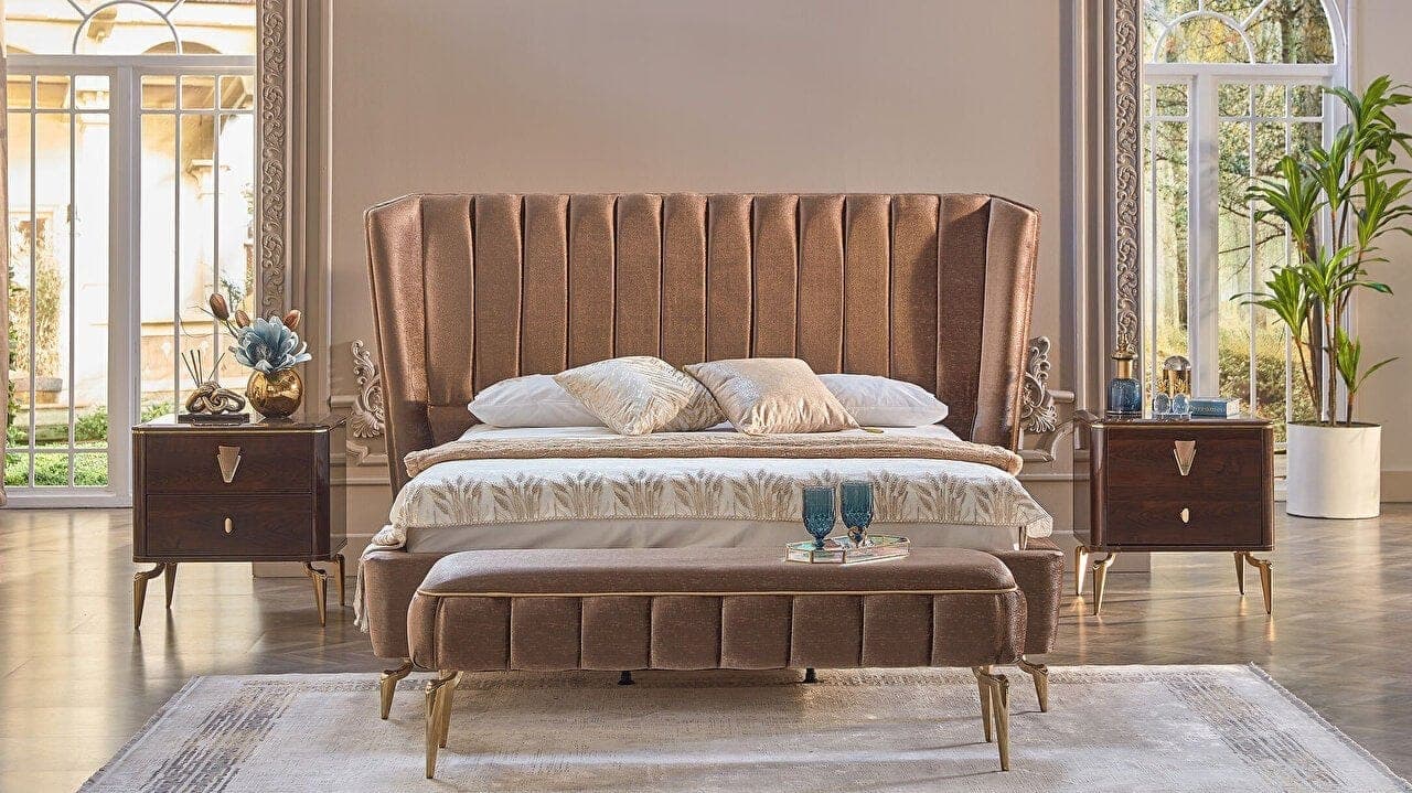 Padded King Bed, Minimalist Bedroom, Neutral Upholstered Bed, Longhi Bed, Dark Wood Accents, Italian Luxury Bed, Contemporary Furniture, High-End Beige Bed